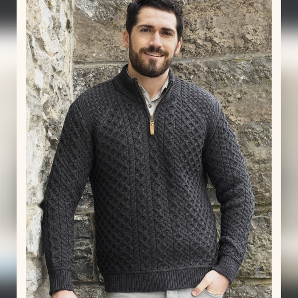 Aran IRISH half Zip All Wool Charcoal Sweater New Medium Fit